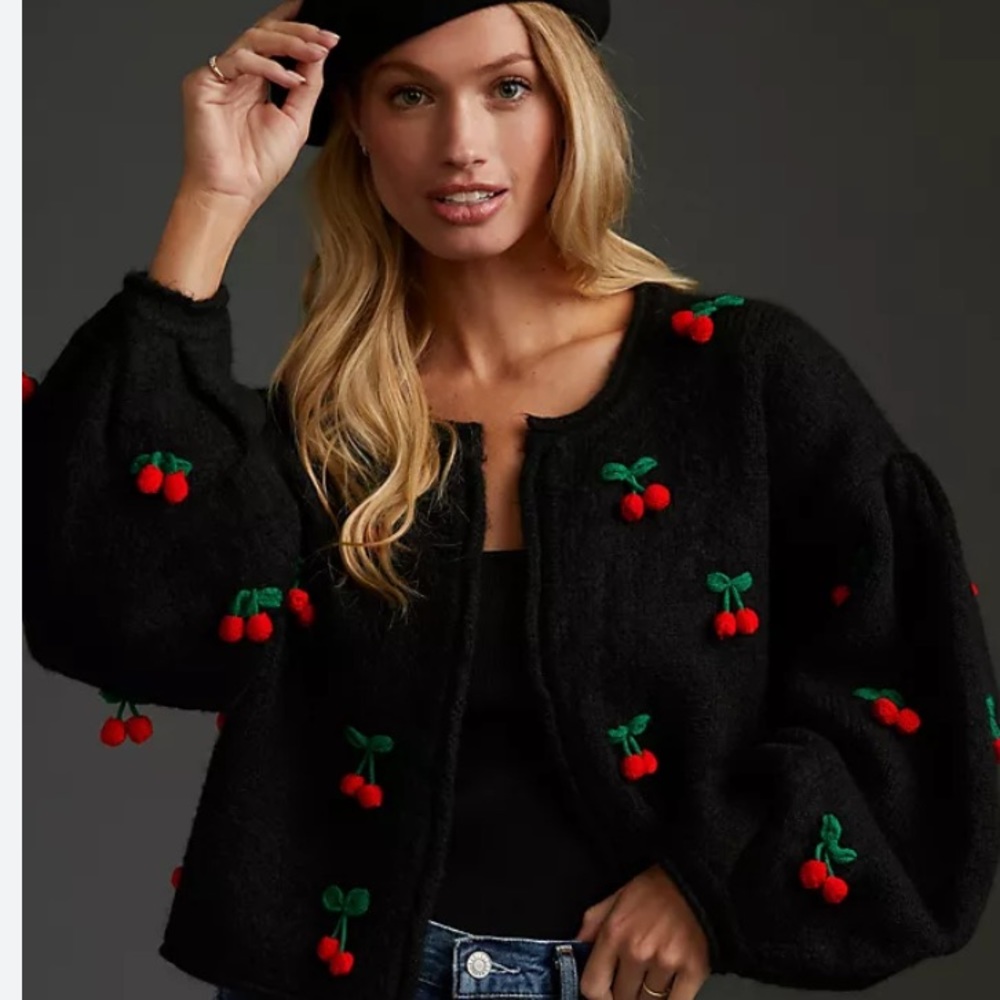 FARM Rio Black Cherry Embroidered Cardigan